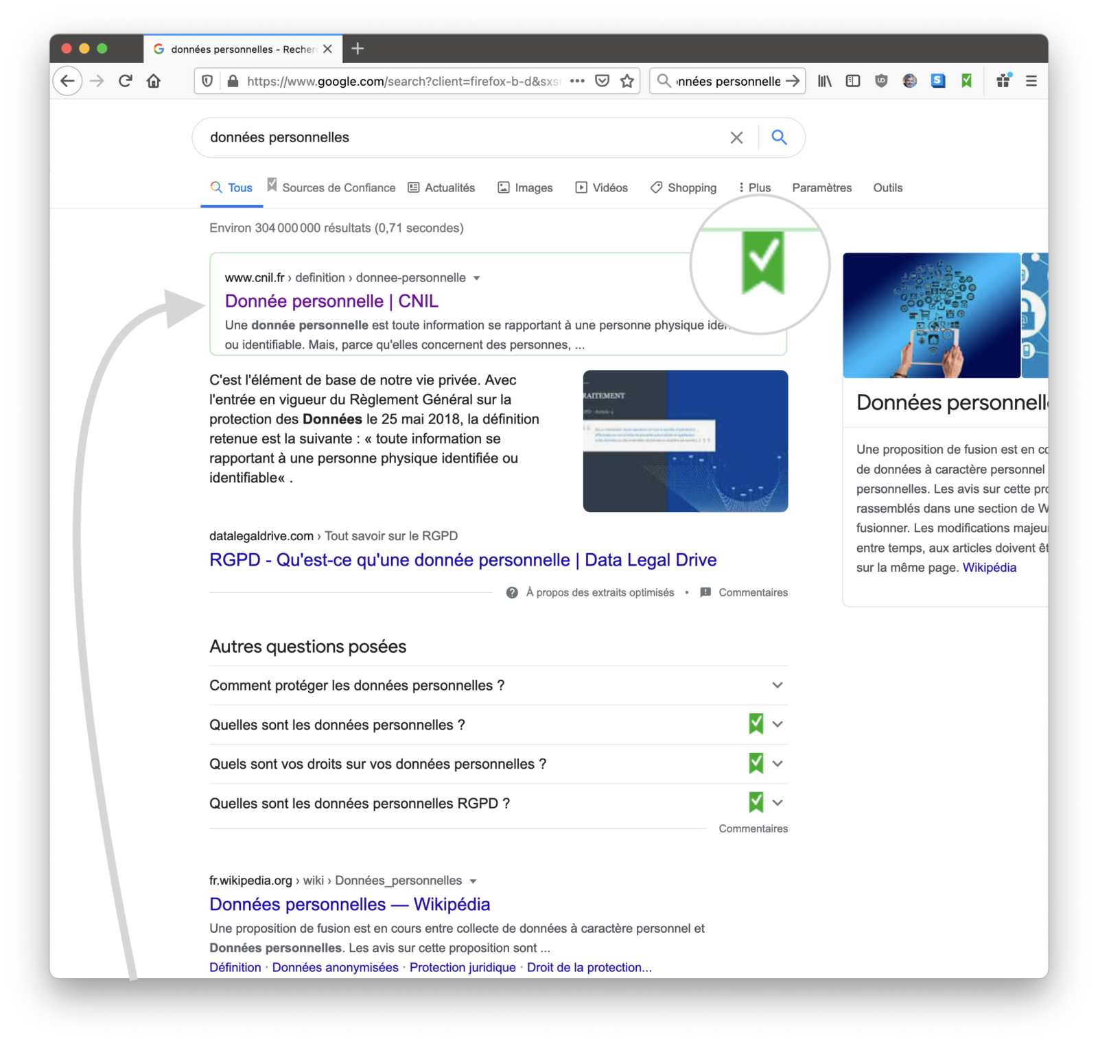 SERP SdC Données personnelles - 1er résultat annoté