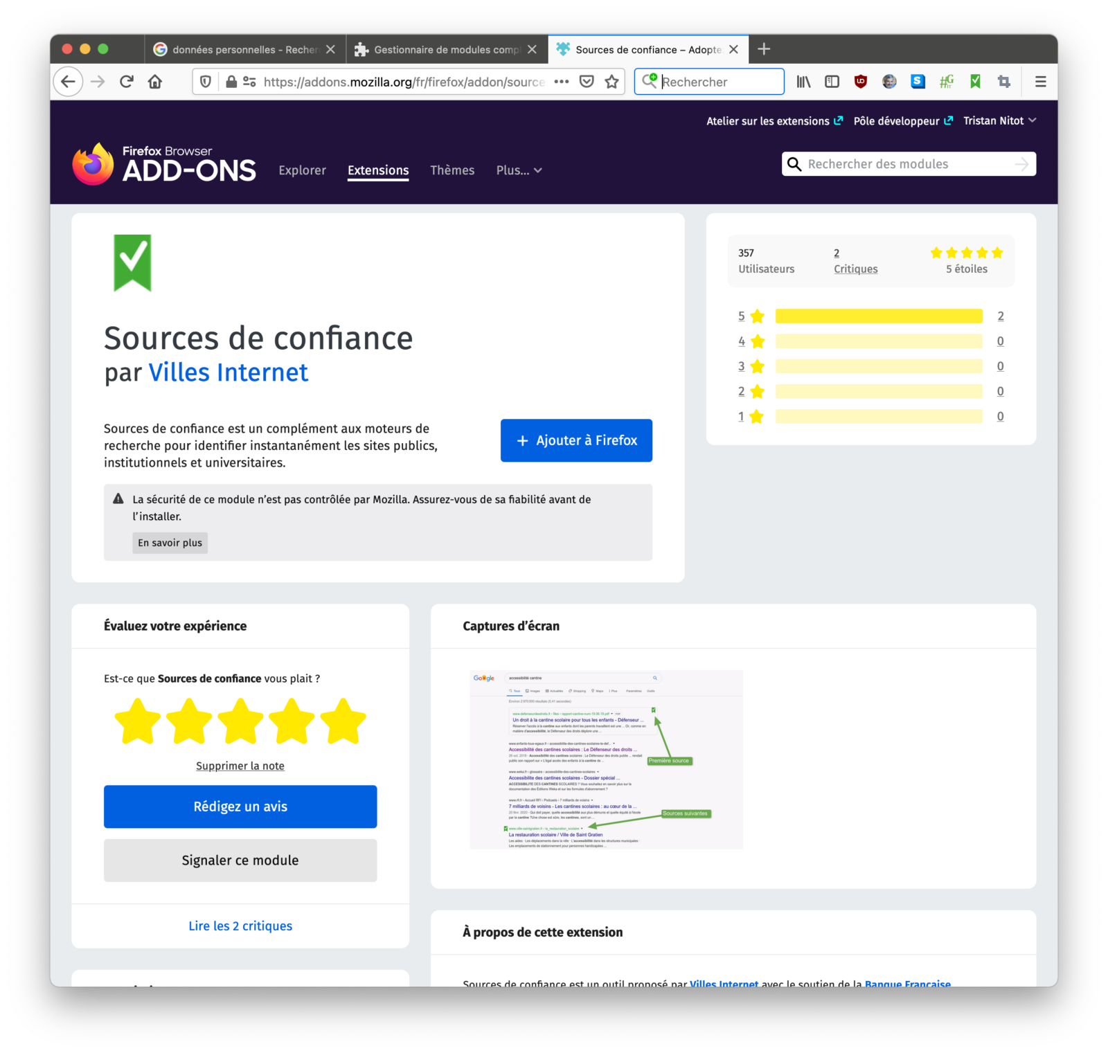 L'extension lors de l'installation dans Firefox